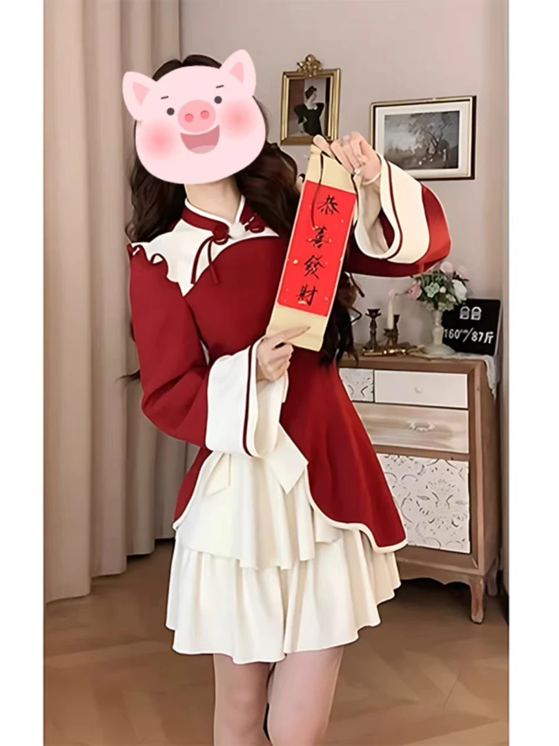 2024秋冬新款新中式气质旗袍拼接连衣裙女装俏皮蝴蝶结拜年短胖人
