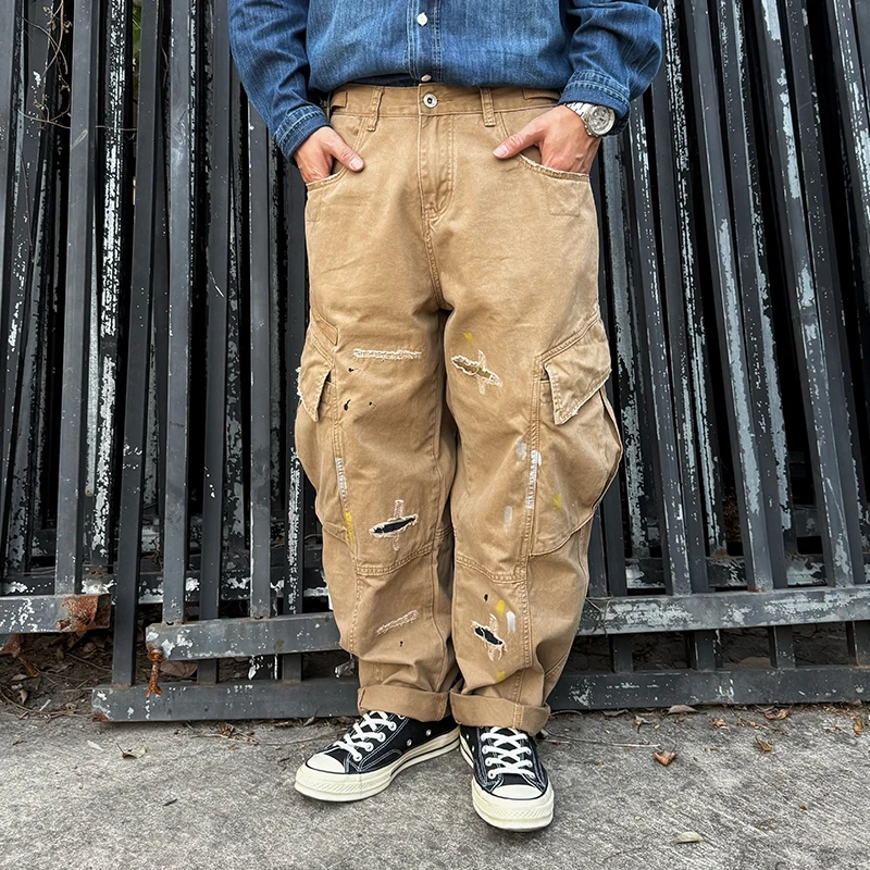 狠货！日系复古水洗补丁弯刀裤多口袋泼墨工装裤锥形裤男百搭裤子