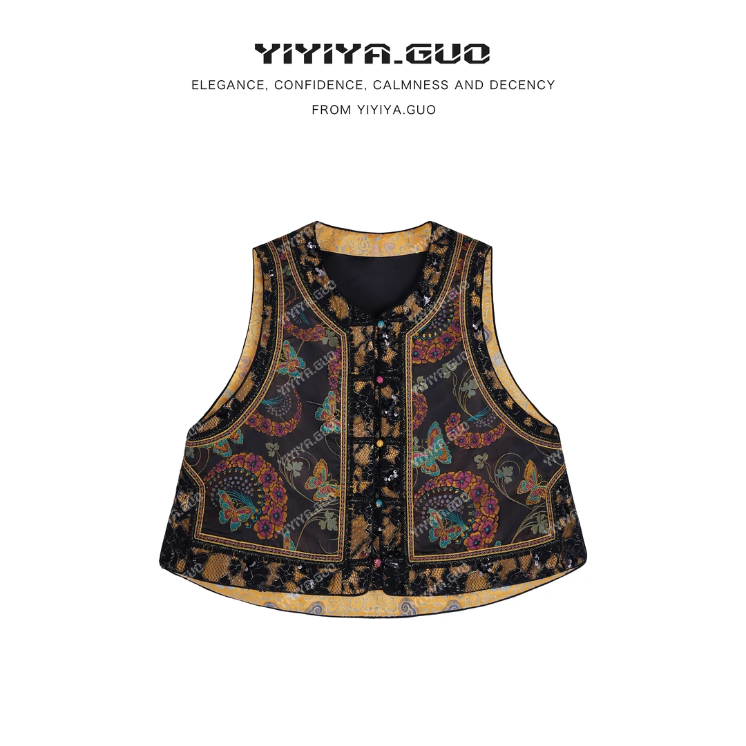 yiyiya.Guo艺艺吖新中式中国风立领盘扣亮片钉珠显瘦马甲2884SS52