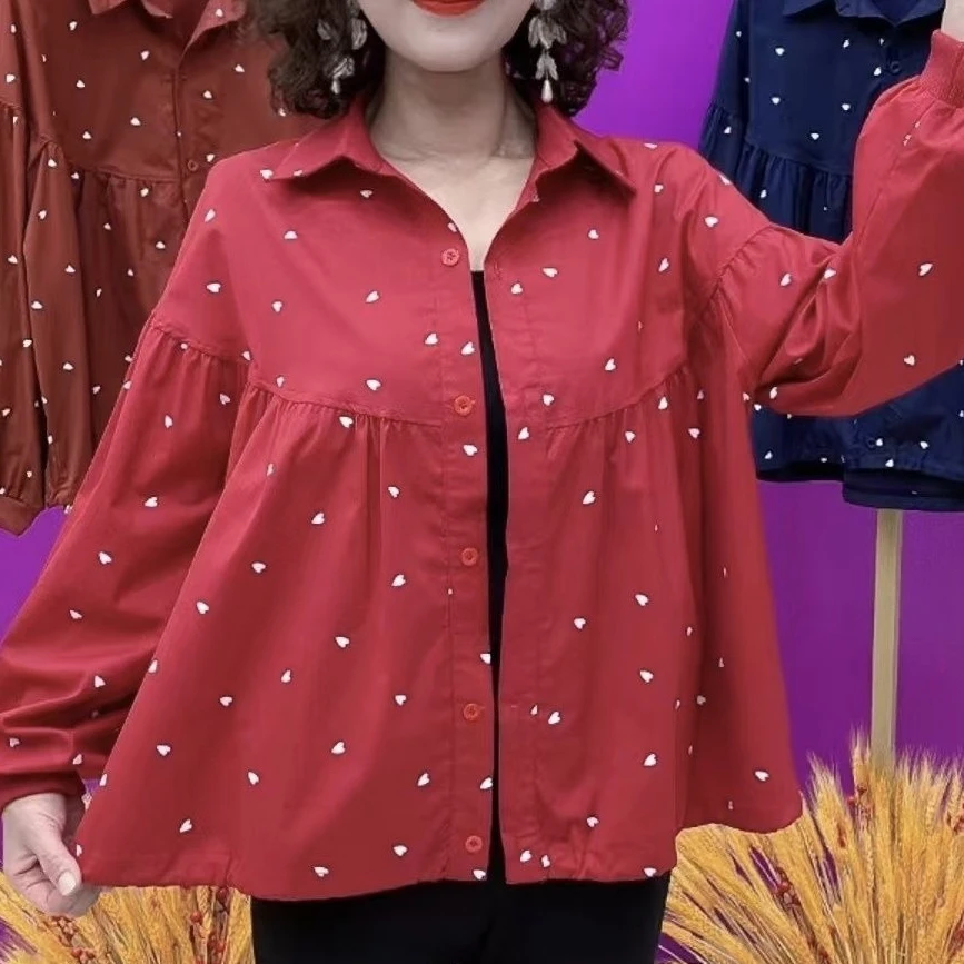 早秋韩范丝麻印花藏蓝色爱心女士休闲通勤衬衫