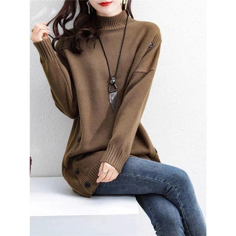 秋冬中青年适用大码宽松长款薄款聚酯纤维棉混纺半高领针织保暖女