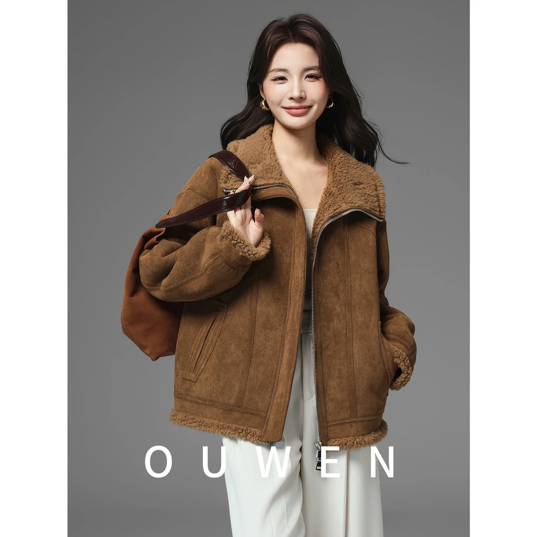 Ouwen质造 100%绵羊毛颗粒皮毛一体女皮草2025麂皮绒机车夹克外套