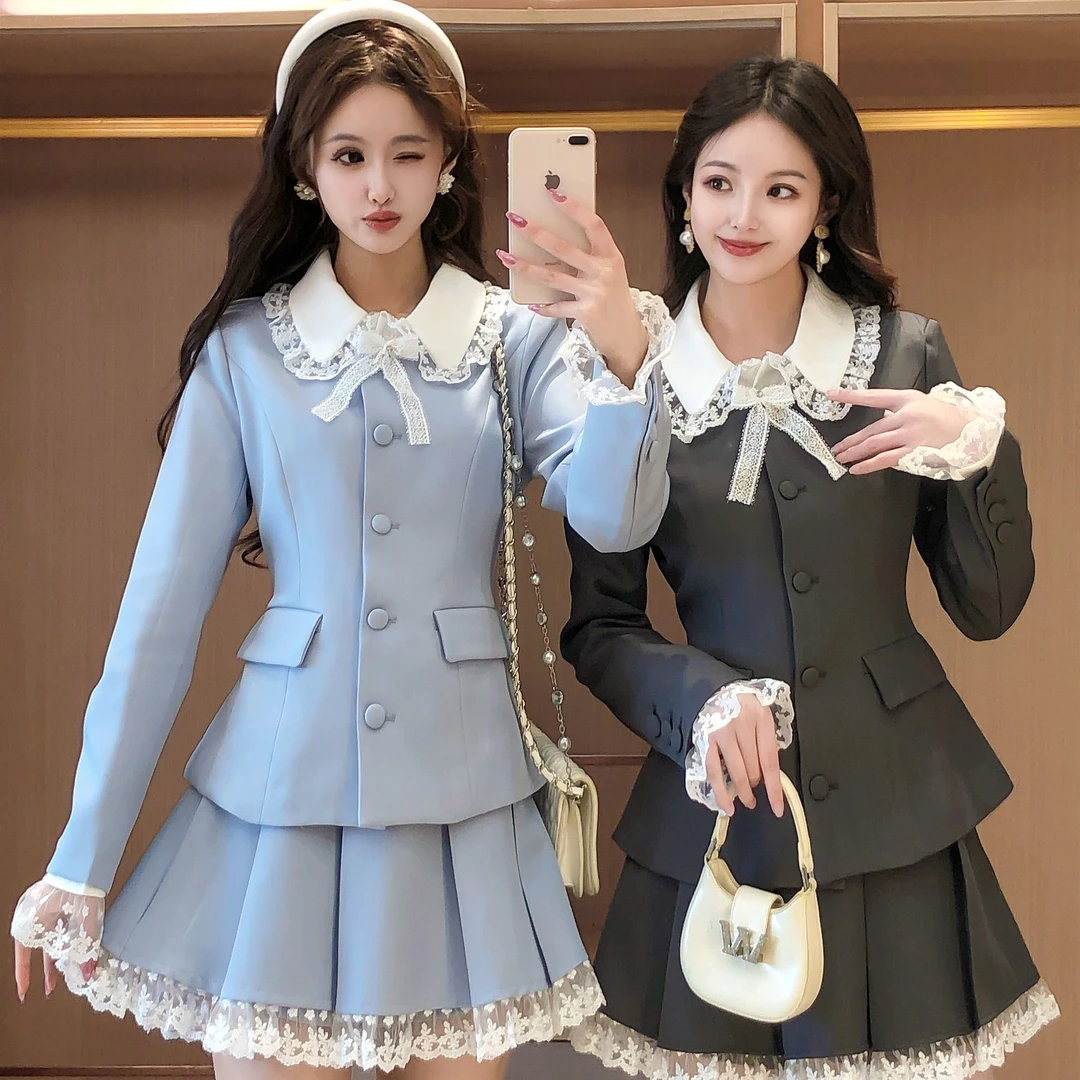 艾日秀富家千金风蕾丝翻领长袖外套百褶半身裙两件套 E8685