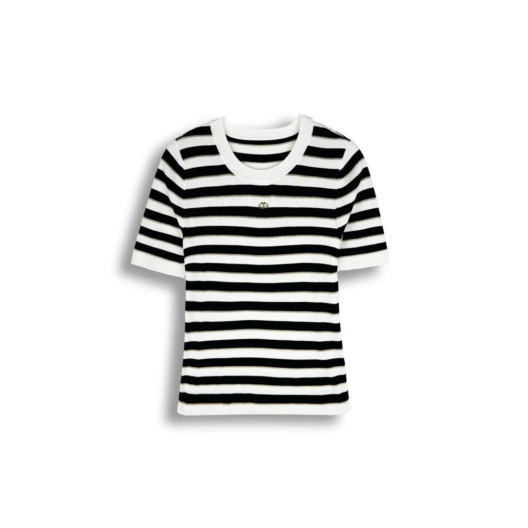 【奈K】2025夏季法式条纹短袖圆领针织衫女（25SS7026）