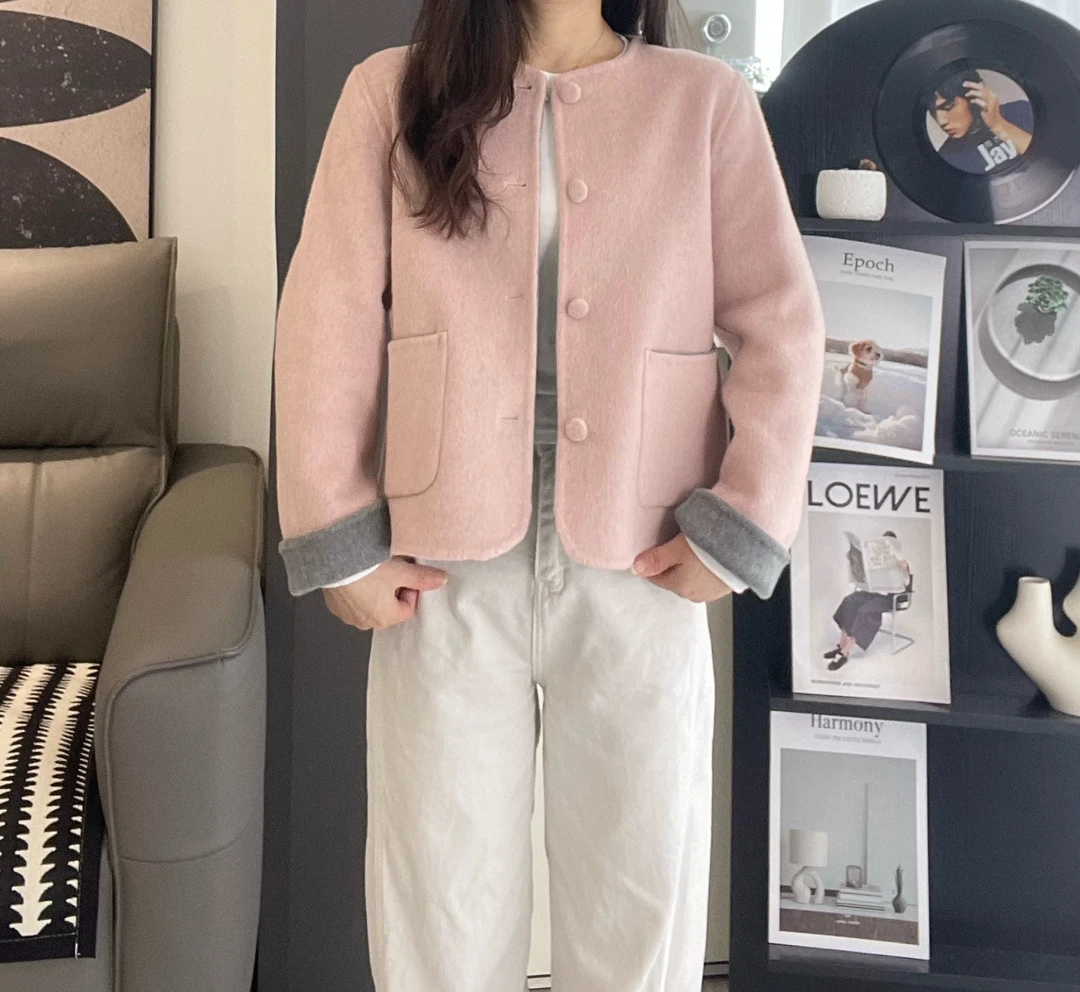 2025新款百搭女长袖纯色短款双面毛呢外套排扣小个子小香风A006