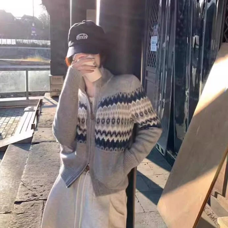 重工半高领羊毛开衫女秋宽松加厚拉链针织毛衣外套费尔岛提花上衣