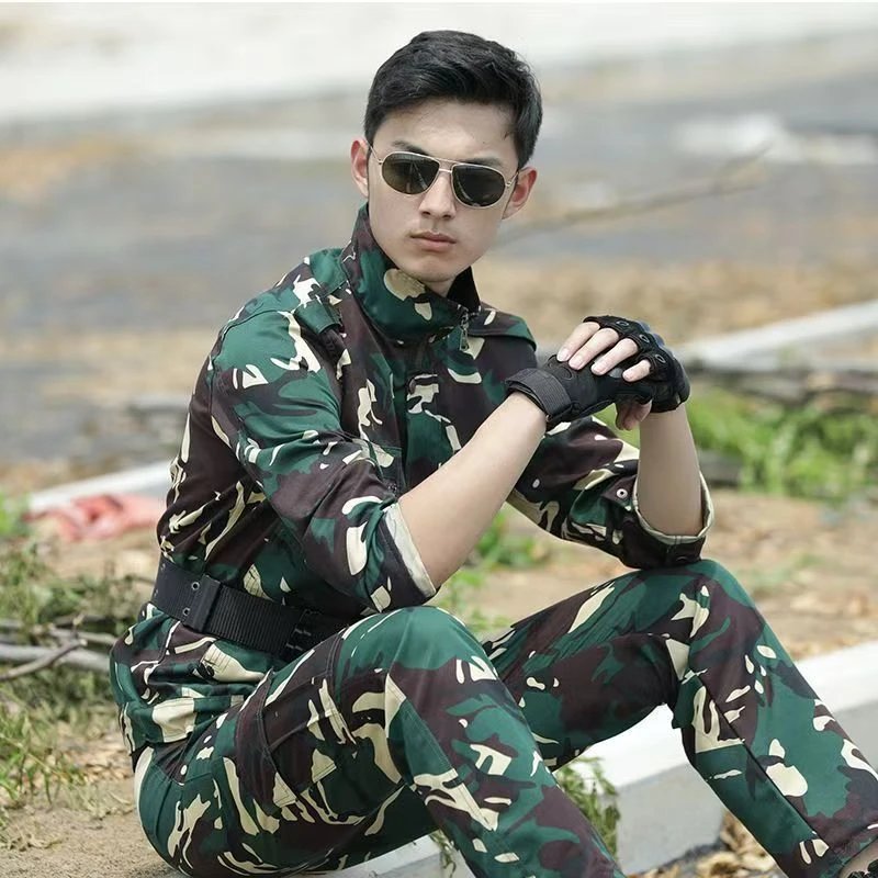 帅气迷彩服套装男耐磨耐脏透气学生初中生户外草绿色军训服劳保服