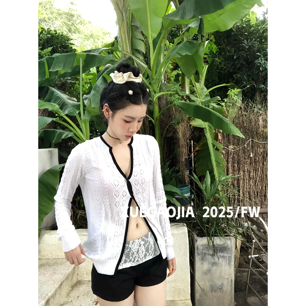 DAHUAN大荒家 白色镂空针织扭结设计感辣妹开衫女设计感小众衬衫