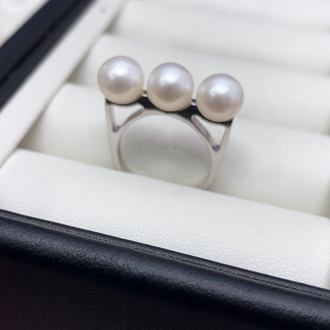 淡水珍珠戒指银S925镶嵌7-8mm无核无瑕