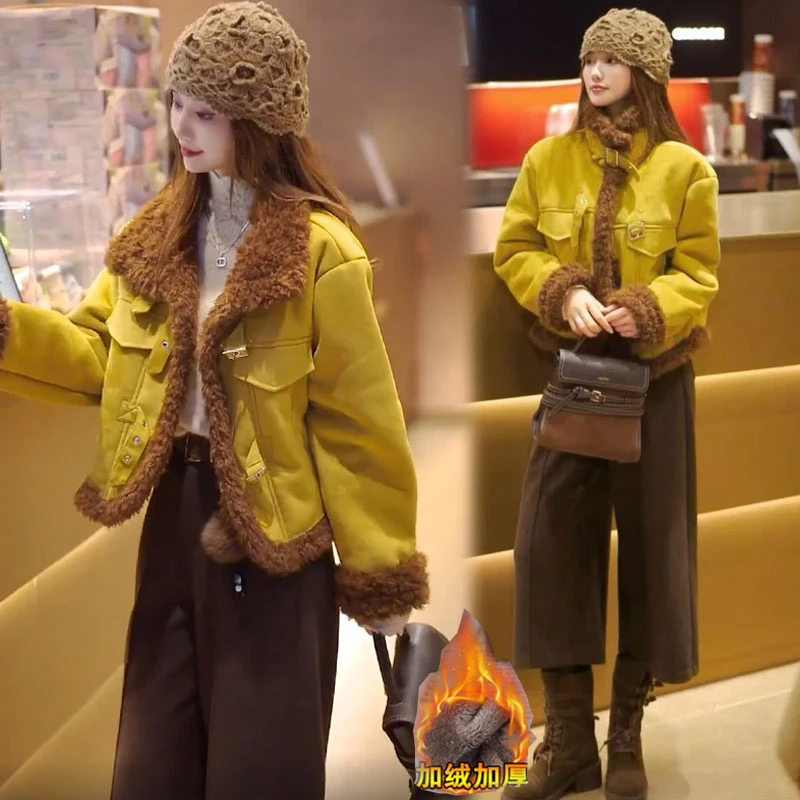 加绒加厚仿麂皮绒短外套女2025冬季新款宽松显瘦保暖皮毛一体上衣