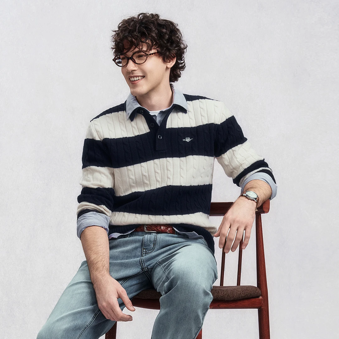 GANT/甘特25秋冬男士条纹毛衣绞花针织衫翻领美式休闲纯绵羊毛衫