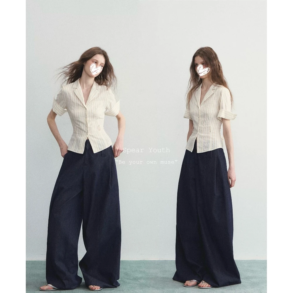 单排多扣短袖西装领拼接条纹衬衫褶皱法式不规则时尚