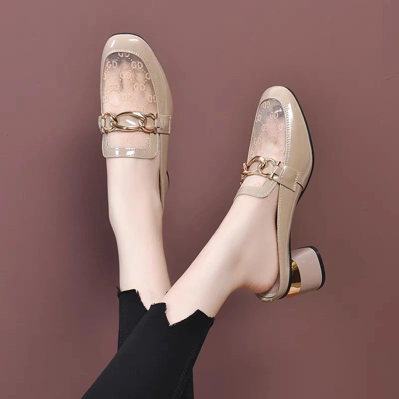 2025新款方头包头网纱半拖鞋女夏外穿中跟粗跟半托单鞋凉拖鞋夏季