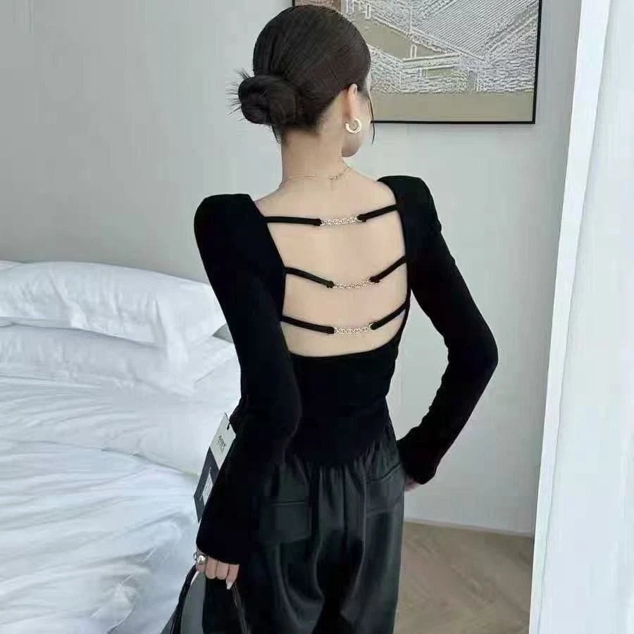 王大温柔家～大码女装性感辣妹漏后背圆领上衣