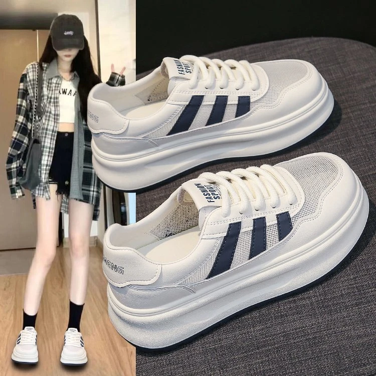 厚底网面透气小白鞋女2025夏季爆款百搭增高休闲板鞋518