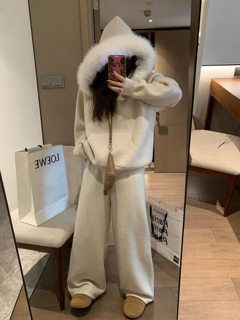 简约气质显瘦连帽外穿上衣外套洋气休闲百搭宽松阔腿长裤时尚套装