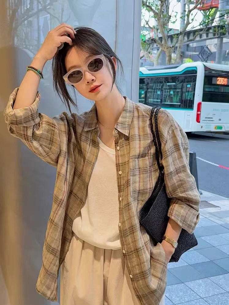 色织汉麻POLO领防晒通勤风格纹薄款衬衫上衣宽松