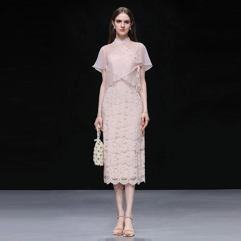 国风新中式荷叶袖披肩小开衫修身蕾丝吊带裙套装QS2241