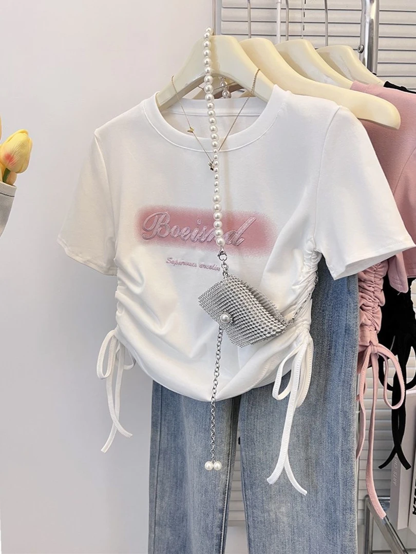 童装女童短袖洋气纯棉夏季新款抽绳短款T恤中大童儿童卡通上衣潮