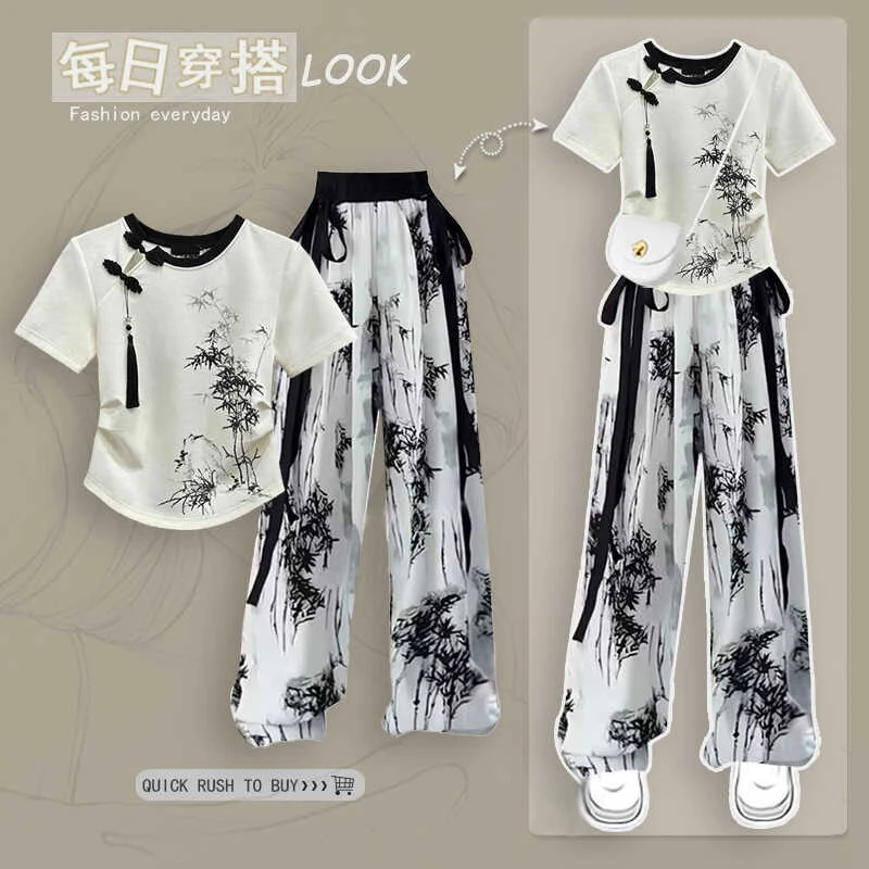 MK&DK女童新中式休闲夏装套装2025新款夏季国风短袖+阔腿裤两件套