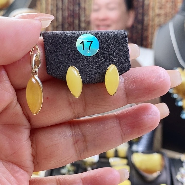 琥珀颈饰银S925镶嵌套装