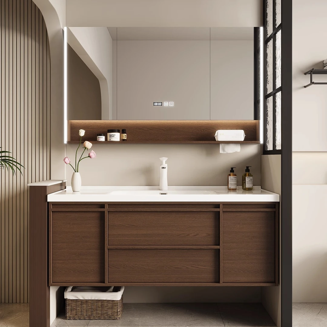 中古风陶瓷一体盆浴室柜组合卫生间胡桃木洗漱台盆洗手盆洗脸盆柜