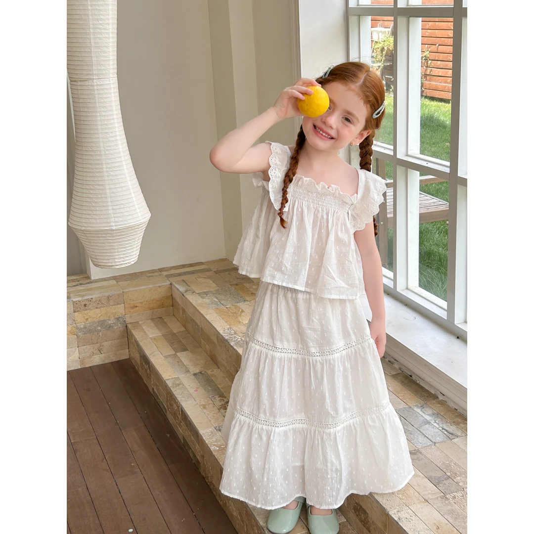 57174女童花边吊带套装韩儿童层次感蕾丝花边拼接设计蛋糕裙套装