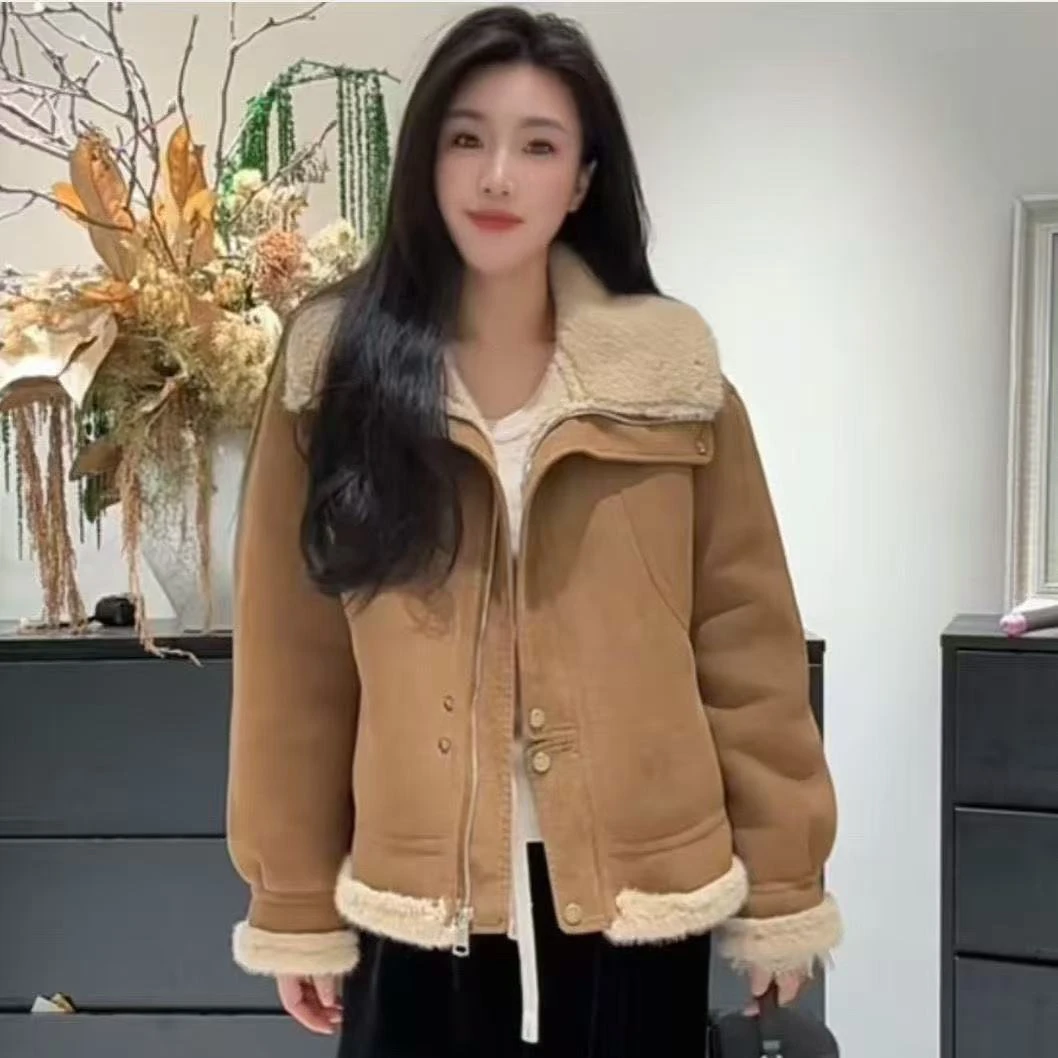 外套女冬款加绒加厚时尚保暖短款皮毛一体韩版百搭翻领小个子上衣