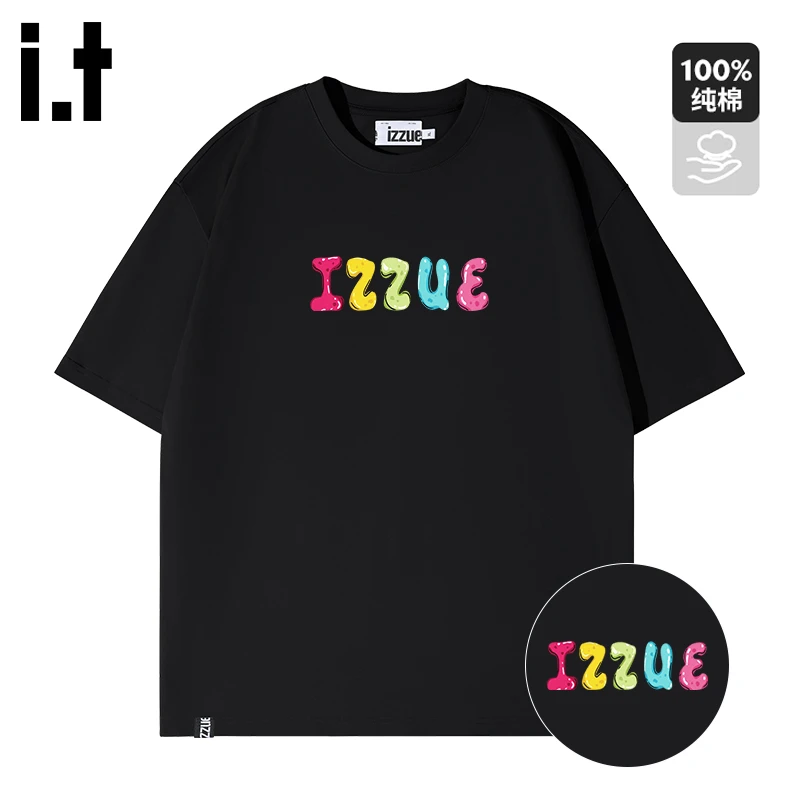 i.t izzue高级感男装黑色短袖t恤夏季趣味糖果色字母印花情侣半袖