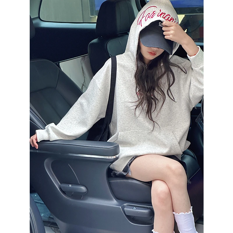 K28419美式字母刺绣女童卫衣2025新款春装大童儿童连帽休闲上衣