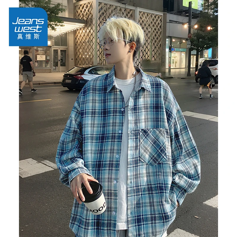 Jeanswest/真维斯青年潮牌格子衬衫春秋宽松港风休闲长袖男生外套