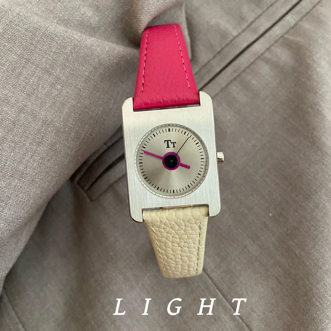 LIGHT 《玫红双拼》磁吸扣荔枝纹真皮不锈钢撞色小众设计感女表