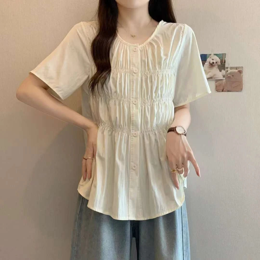 2025大码女装春季减龄高级感衬衫气质设计感褶皱上衣7104