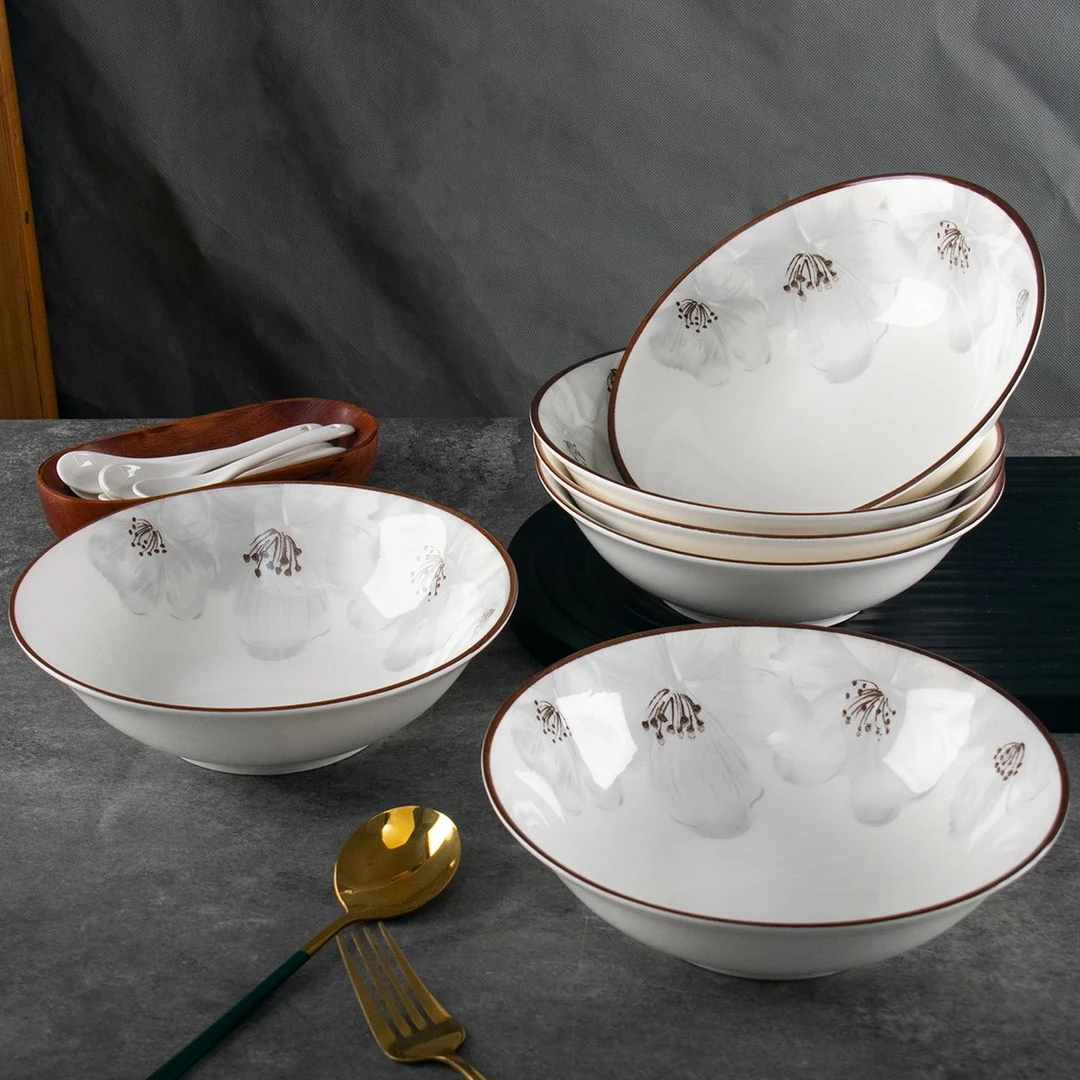 6只装家用8英寸水墨花斗碗陶瓷大汤碗泡面碗釉下彩餐具P