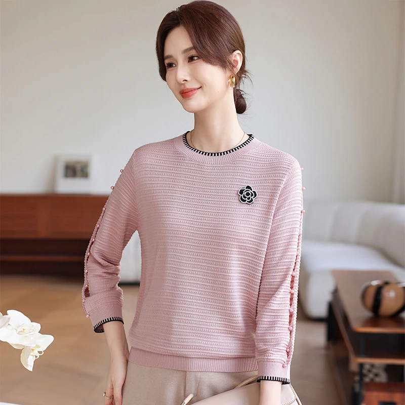 中老年女装长袖t恤宽松显瘦打底小衫妈妈秋装时尚早秋针织衫上衣