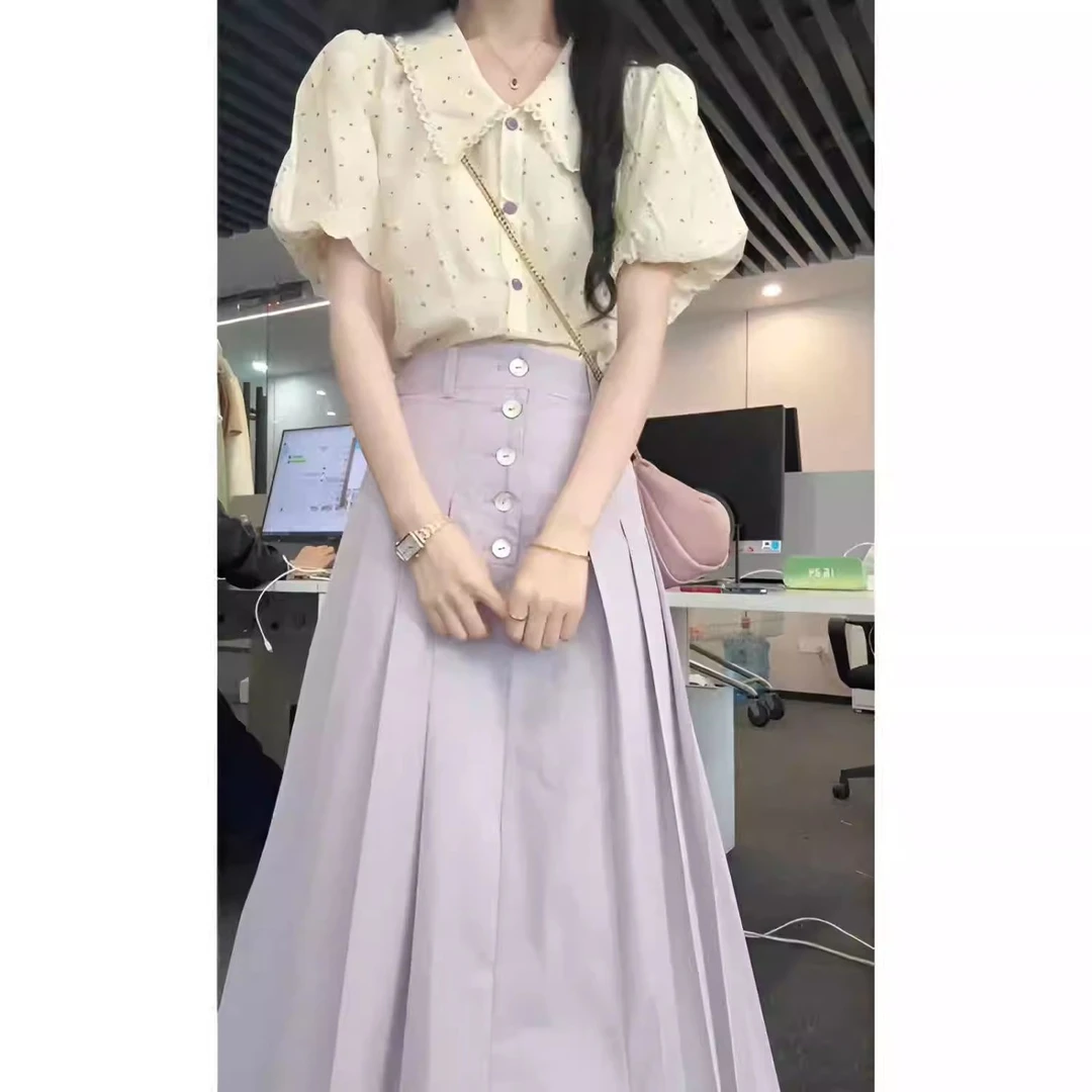 2025夏季套装时尚穿搭女新款显瘦气质波点上衣设计百褶裙两件套装