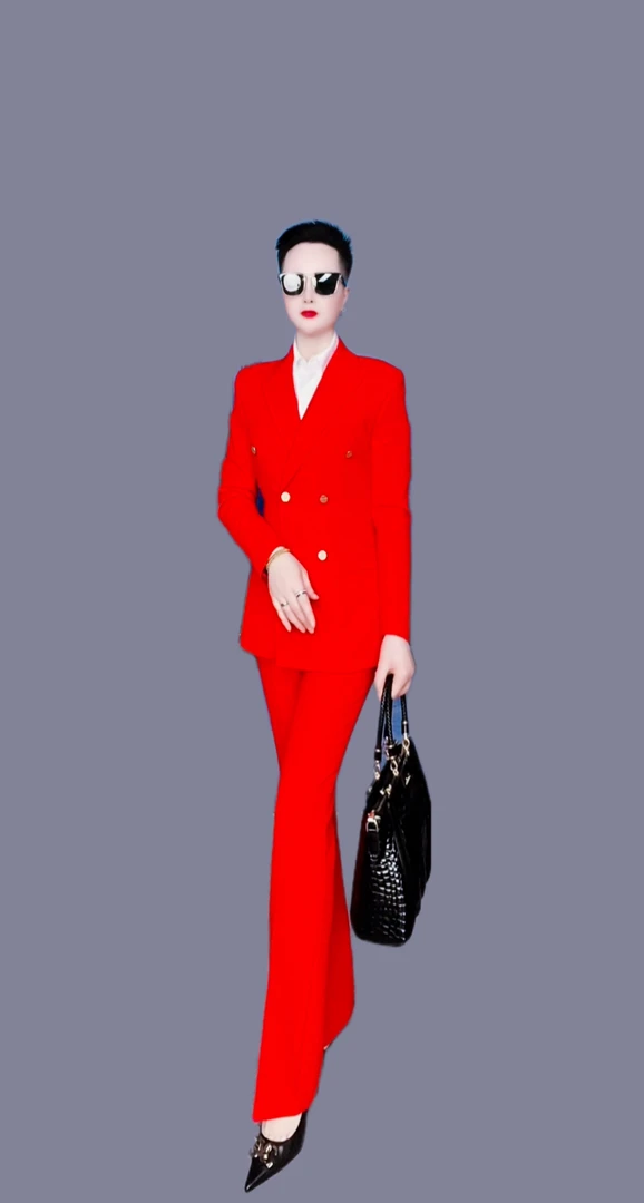 【白衣哥】新款橘红色厚款双排扣金属扣喇叭裤套装