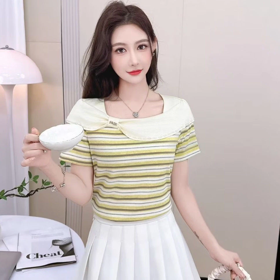 2025夏季新款方领钉珠条纹短袖T恤女设计感洋气遮肉减龄外穿上衣