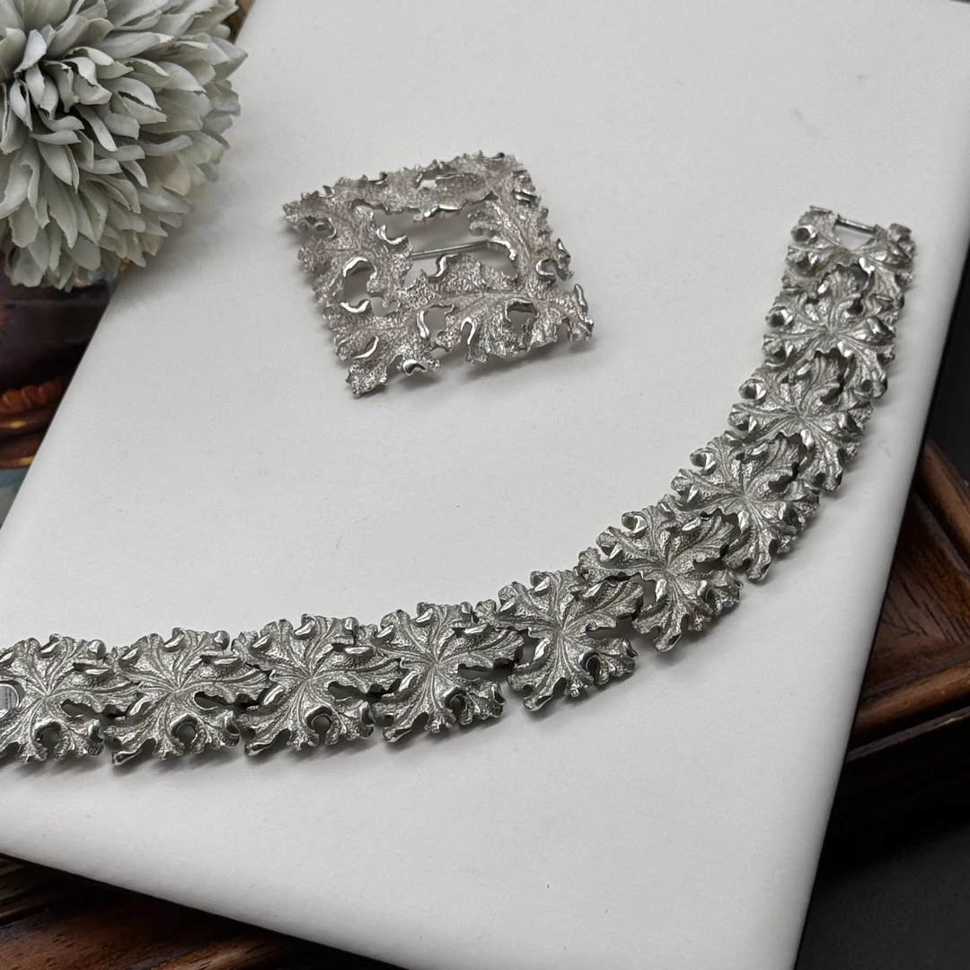 合金手链 哇哦中古 翠法丽Trifari 素银熔岩浮雕工艺手链精致优雅