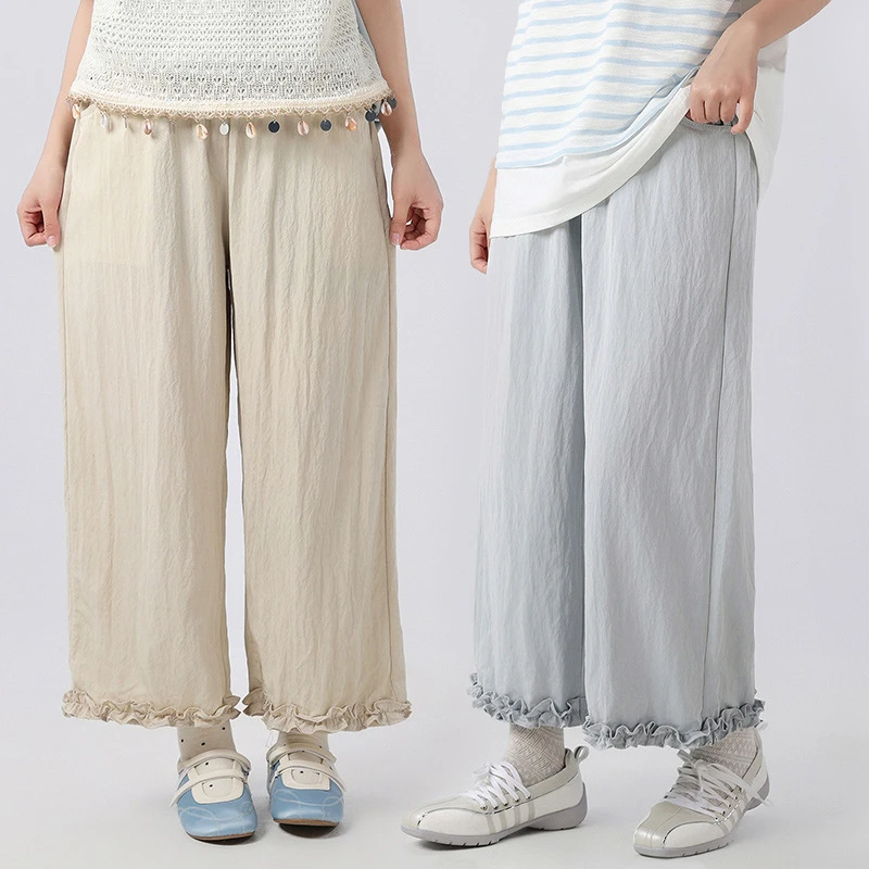 女大童夏季薄款九分裤花边裤脚 胖女童大码宽松阔腿裤休闲直筒裤