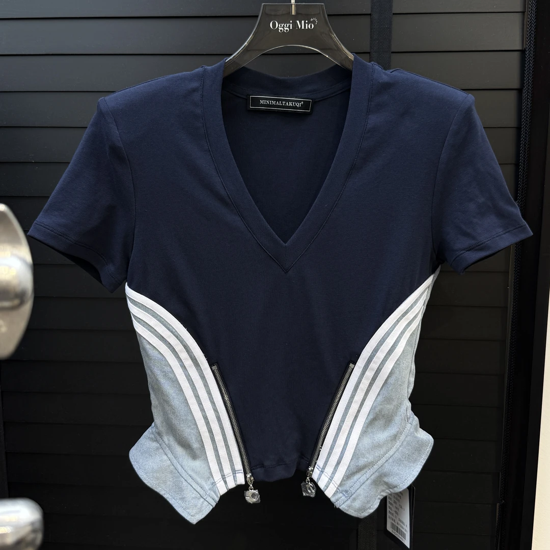 设计师款夏季新款时尚百搭显瘦圆V领短袖上衣女时尚休闲