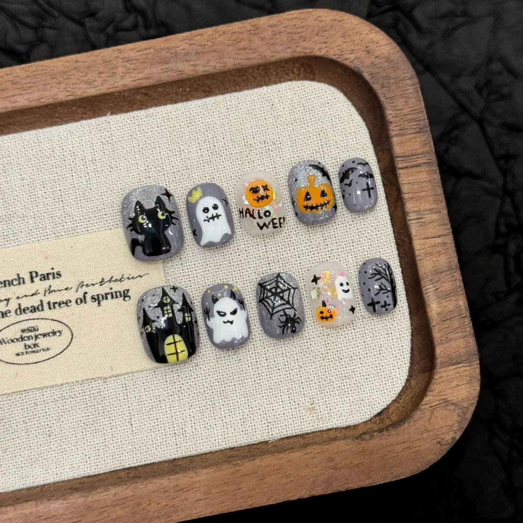 艺禾穿戴甲【万圣物语】怪奇物语派对南瓜蜘蛛手绘外贸假指甲