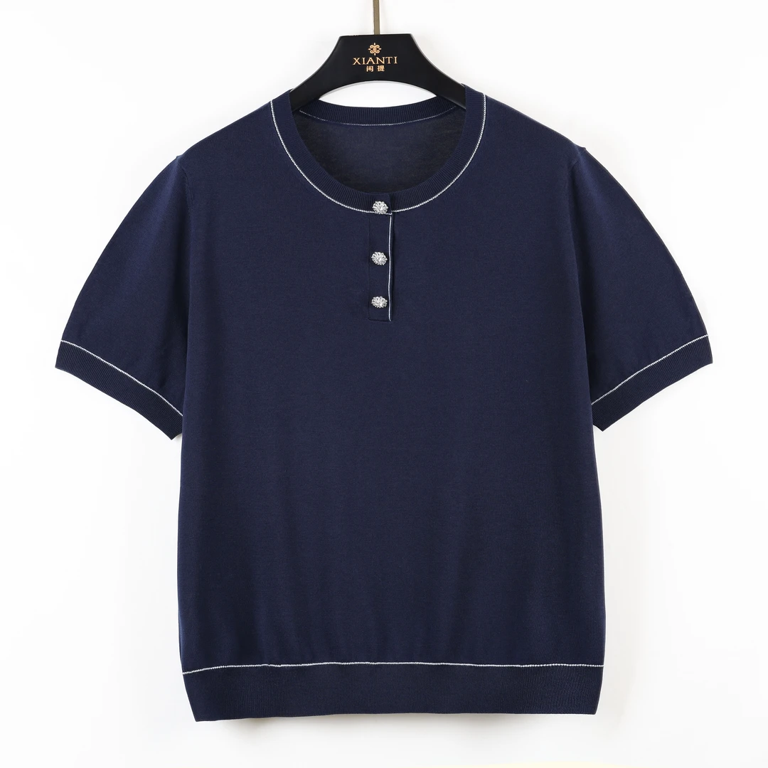 【轻奢-大气】新款百搭气质时尚休闲撞色圆领短袖针织衫女夏2507085