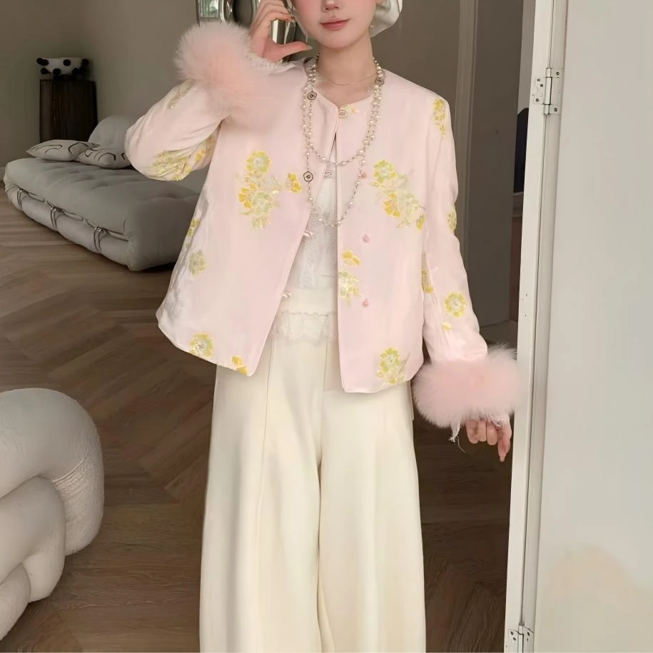 ANYUMO/安妤茉1682白鸭绒丝绒刺绣重工狐狸毛国风外套气质女