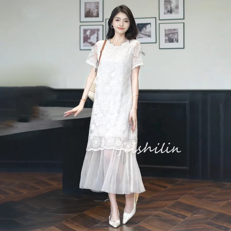 2025夏季新款时尚百搭显瘦短袖蕾丝拼接网纱连衣裙女假两件长裙子
