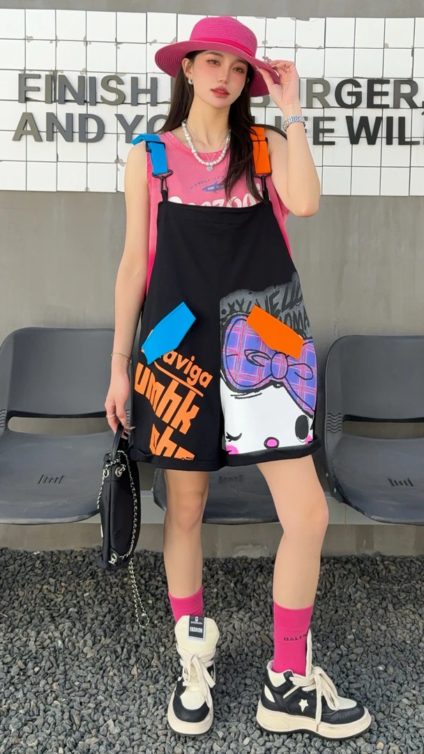 夏季棉时尚kitty猫个性潮流休闲背带短裤