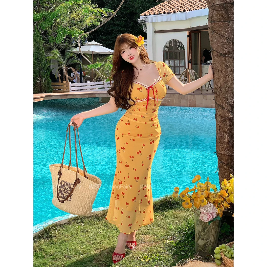 MengFairy现现【热带樱桃】夏季新款撞色樱桃高腰修身连衣裙4701M