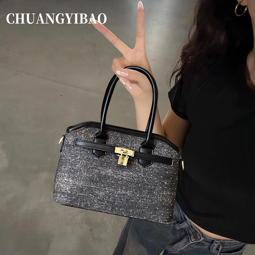 高级感手提包包女2025新款秋冬牛仔布单肩包大容量复古通勤斜挎包