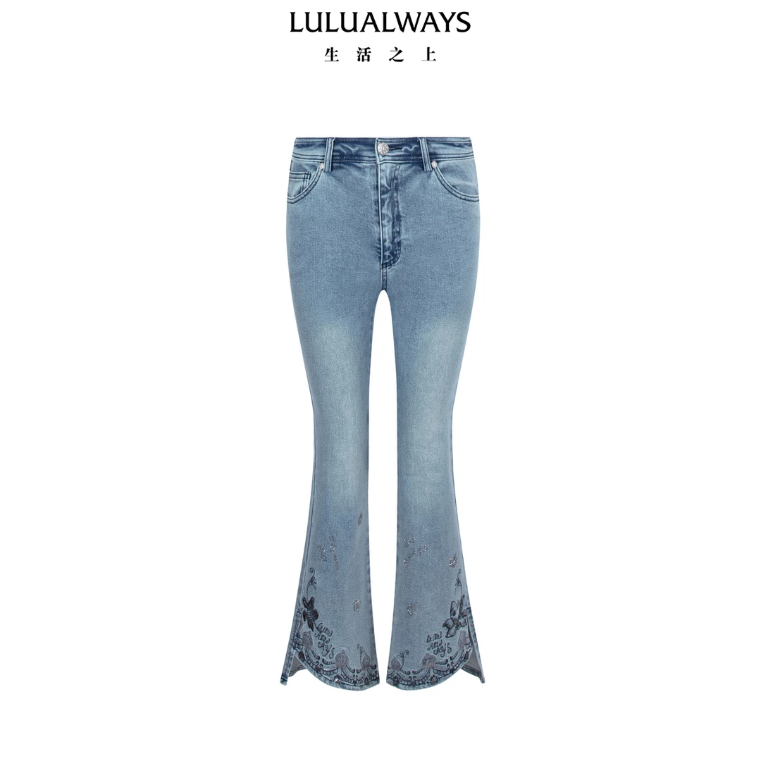 LULUALWAYS【商场同款】25夏季新款重工刺绣开叉微喇显瘦牛仔裤女