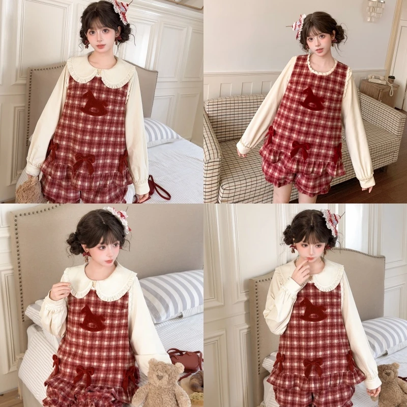 森女部落甜美风撞色格子时尚套装女2025新款童趣木马刺绣背心冬季